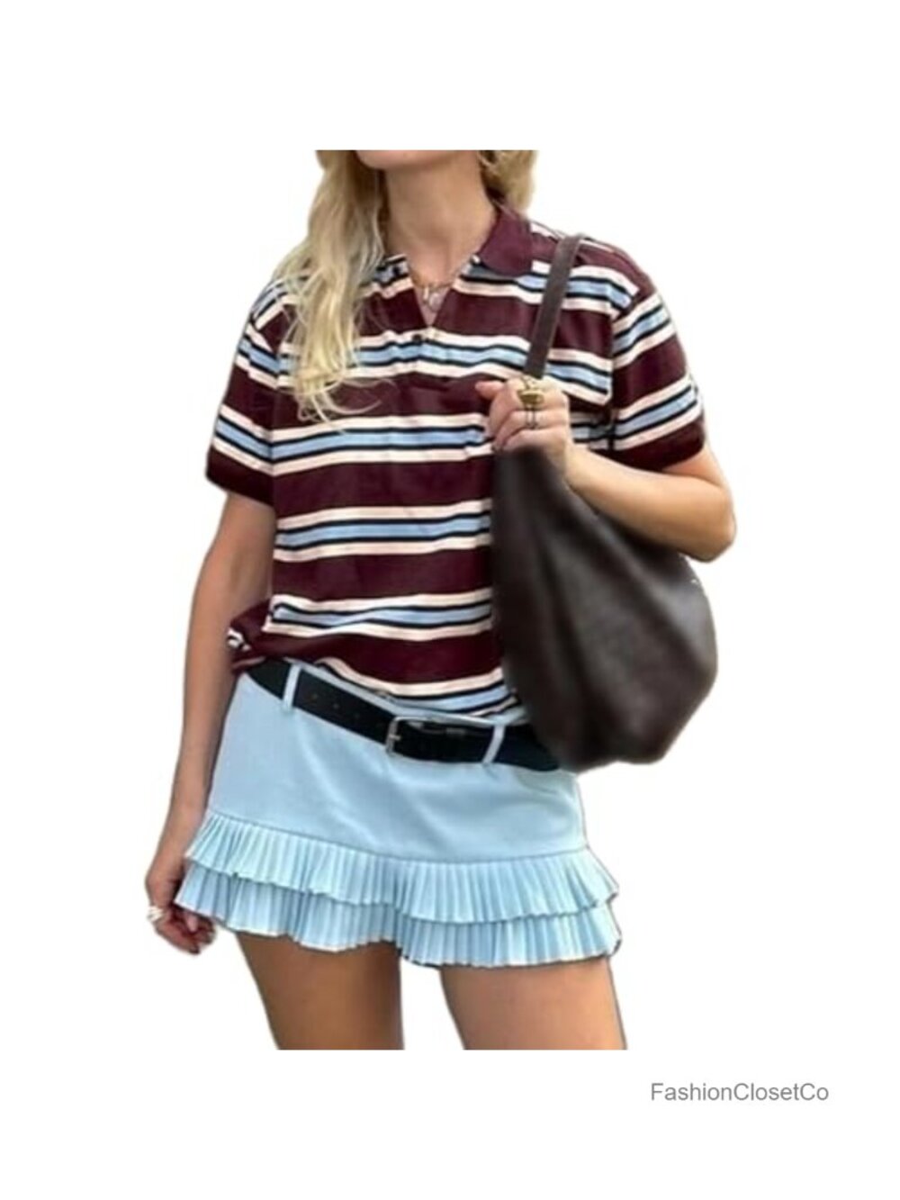 Women's Y2K Rugby Polo Shirt Striped Collared Button V Neck Short Sleeve Preppy
